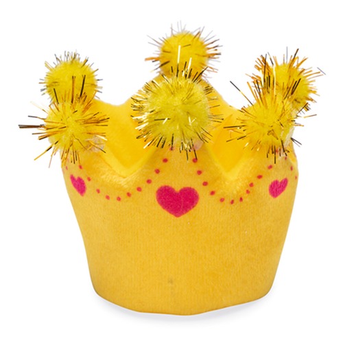 Geel kroontje van kattenspeelgoed met roze hartjes en glinsterende pompons