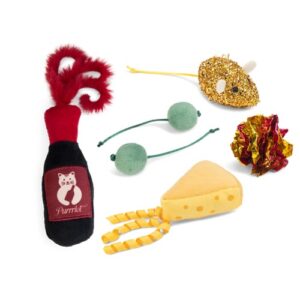 Beeztees Tapas kattenspeelgoed set van 6 stuks: wijnfles, kaas, muis, olijfjes en krinkelbal