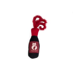 Pluche wijnfles uit de Beeztees Tapas set met rode verenstaart