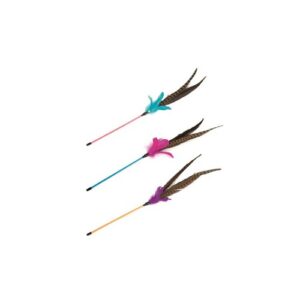 Drie Beeztees Tickly kattenhengels met kleurrijke veren in roze/turquoise, blauw/roze en oranje/paars