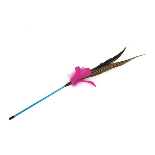 Close up van de Beeztees Tickly kattenhengel met blauwe steel en een roze verenpluim