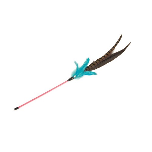 Beeztees Tickly kattenhengel met roze steel en turquoise veren, close up van de pluim