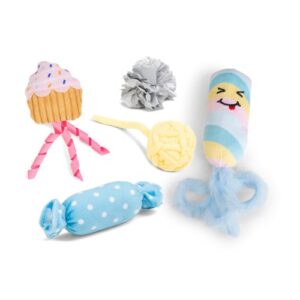Beeztees Traktatie kattenspeelgoed, set van 5 pluche speeltjes op een rij