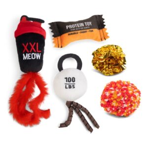 Beeztees Workout kattenspeelgoed set met shakebeker, kettlebell, Protein Toy, pompom en krinkelballetje
