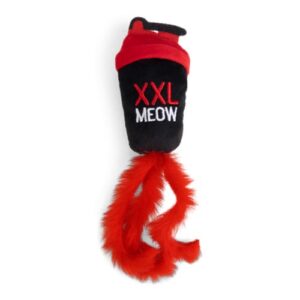 Pluche shakebeker uit het Beeztees Workout kattenspeelgoed met XXL Meow print en rode pluche staart