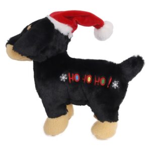 Kerstknuffel van Boon, zwart pluche hondje met bruine pootjes, rode kerstmuts en geborduurde HO HO HO op de zij