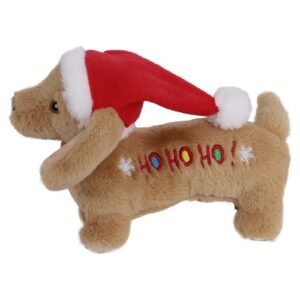Kerstknuffel van Boon, bruin pluche hondje met rode kerstmuts en Ho Ho Ho op de zij