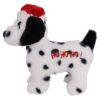Kerstspeelgoed voor honden van Boon, wit pluche hondje met zwarte vlekken, rode kerstmuts en HO HO HO op de zij