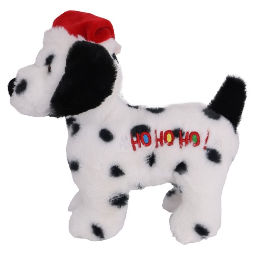 Kerstspeelgoed voor honden van Boon, wit pluche hondje met zwarte vlekken, rode kerstmuts en HO HO HO op de zij