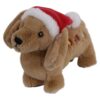 Bruine pluche hondenknuffel met kerstmuts, flaporen en geborduurde oogjes