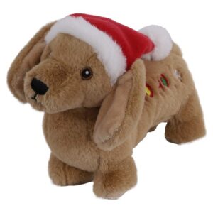 Bruine pluche hondenknuffel met kerstmuts, flaporen en geborduurde oogjes