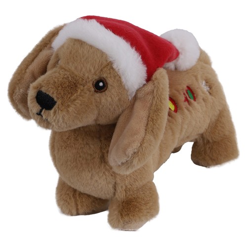 Bruine pluche hondenknuffel met kerstmuts, flaporen en geborduurde oogjes