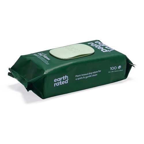 Verpakking Earth Rated hondendoekjes lavendel schuin van opzij gefotografeerd