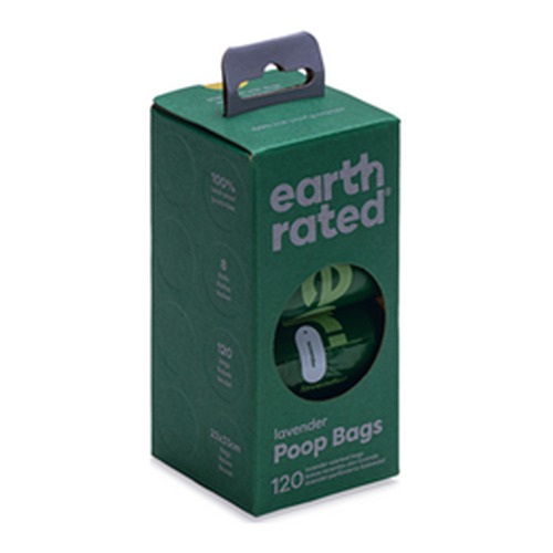 Doos met 8 rolletjes poepzakjes met lavendelgeur van Earth Rated, schuin aanzicht