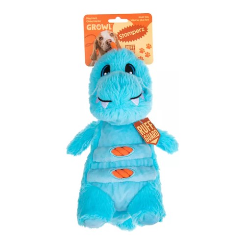 Growl Stomperz Terry dino knuffel met verpakkingslabel en Ruff Guard label