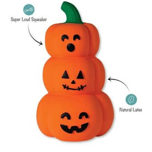 Halloween hondenspeelgoed pompoenstapel met uitleg over piepgeluid en latex materiaal