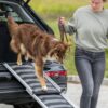 Hond loopt aan de lijn over de uitschuifbare loopplank uit de kofferbak