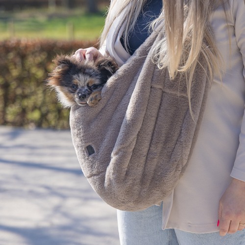 Vrouw draagt puppy in de taupe hondendraagtas van Designed by Lotte buiten