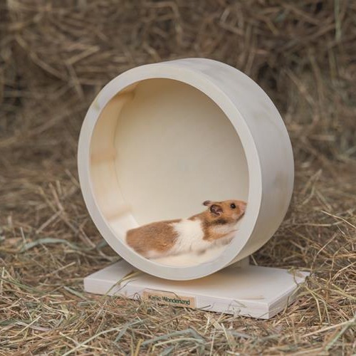 Hamster rent in het Karlie Wonderland Bogie Wheel looprad tussen het hooi