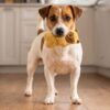 Kleine hond draagt de KONG Snuzzles Mini Llama hondenknuffel in zijn bek