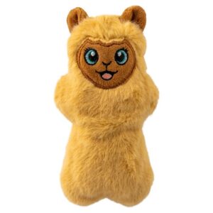 Zijaanzicht van de KONG Snuzzles Mini Llama met pluizige gele vacht en bruine oortjes