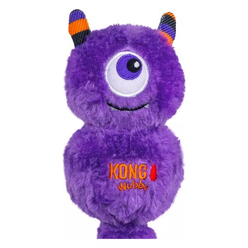 Close up van het paarse monster met één groot oog en gestreepte hoorntjes