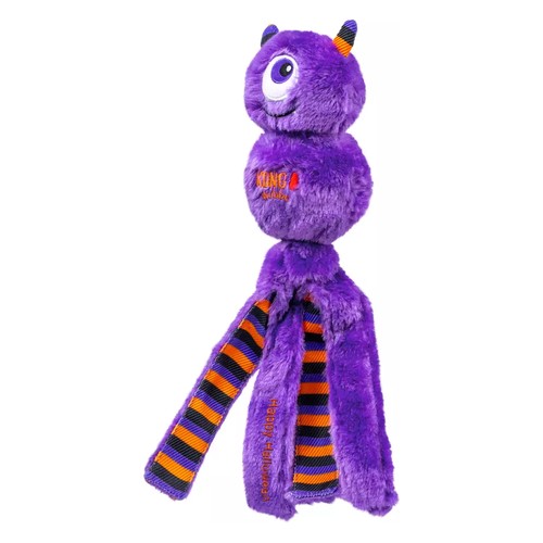 Paars KONG Wubba monster met lange oranje, zwart en paars gestreepte staarten