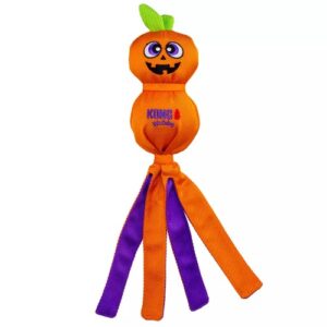 KONG Wubba Jack-o-Lantern L, vrolijke Halloween pompoen voor honden met oranje en paarse staarten