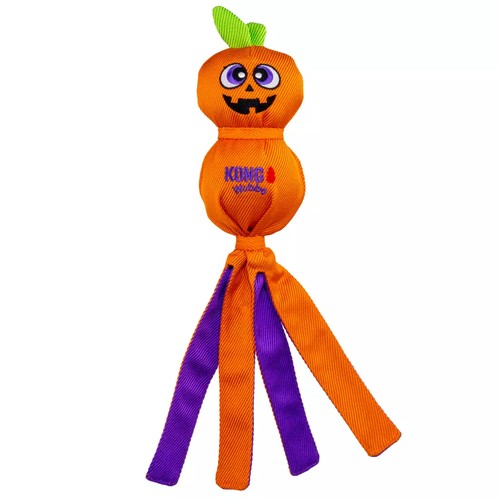KONG Wubba Jack-o-Lantern L, vrolijke Halloween pompoen voor honden met oranje en paarse staarten