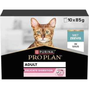 Doos Pro Plan Delicate Digestion kattenvoer met zeevis in saus, 10 zakjes van 85 gram