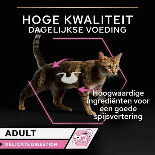 Uitleg bij Pro Plan Delicate Digestion over hoogwaardige ingrediënten voor een goede spijsvertering bij katten