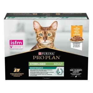 Doos Pro Plan Sterilised Nutrisavour kattenvoer met kip in saus, 10 zakjes van 85 gram