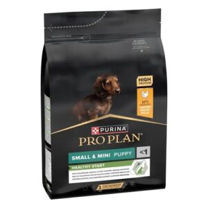 Zijaanzicht van de zak Pro Plan puppybrokjes met kip voor kleine en mini hondenrassen