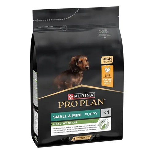 Zijaanzicht van de zak Pro Plan puppybrokjes met kip voor kleine en mini hondenrassen