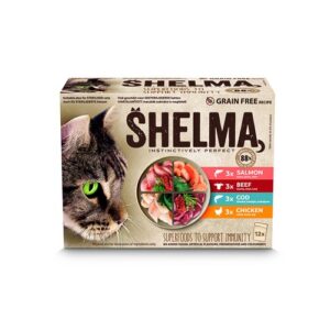 Doosje Shelma kattenpouches Fish Selection met 12 pouches natvoer voor katten in vier smaken