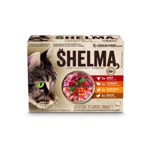 Doos Shelma kattenpouches Meaty Selection met 12 pouches in vier smaken
