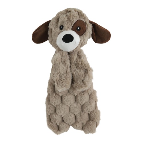 Knuffeldoek voor hond in de vorm van een hondje, taupe pluche met piep en kraakelement