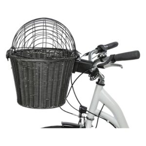 Zijaanzicht van de hondenfietsmand met koepel aan de fiets