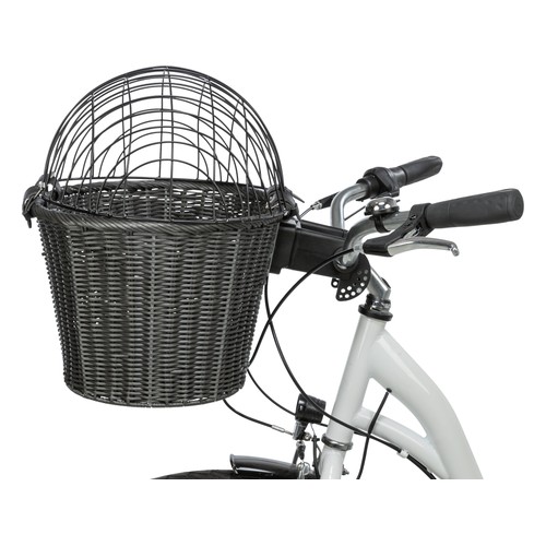 Zijaanzicht van de hondenfietsmand met koepel aan de fiets