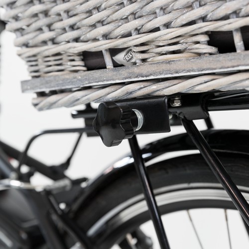 Montageplaat van de hondenfietsmand vastgedraaid op de bagagedrager