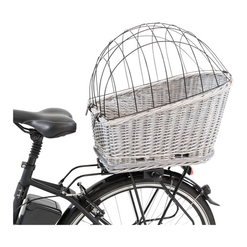 Grijze hondenfietsmand achterop een fiets met gesloten gaas