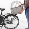 Fietsmand voor hond wordt op de bagagedrager gezet
