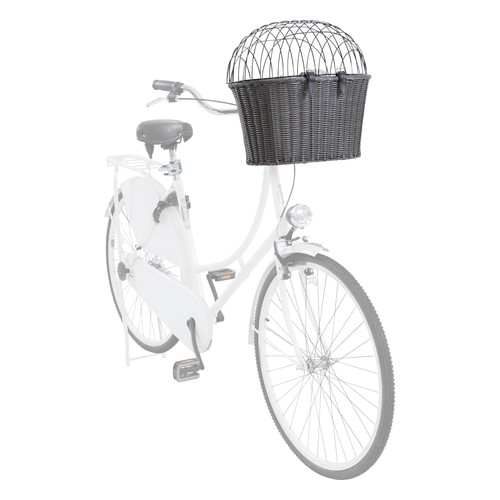 Grijze hondenfietsmand voorop aan een damesfiets