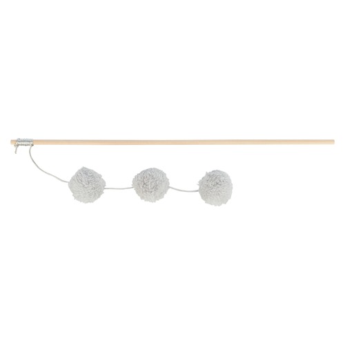 Trixie kattenhengel met drie lichtgrijze pluche balletjes aan een houten stok