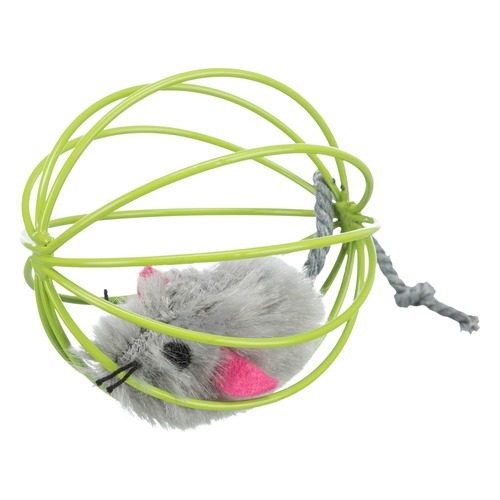 Groene traliebal met grijze pluche muis voor katten