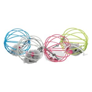 Vier kattenspeeltjes met muis in traliebal in blauw, grijs, roze en groen