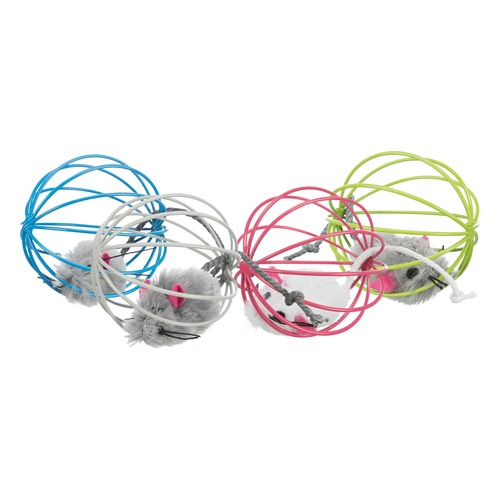 Vier kattenspeeltjes met muis in traliebal in blauw, grijs, roze en groen