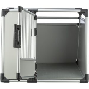 Aluminium autobench met geopende deur, zicht op de veiligheidssluiting en de binnenkant