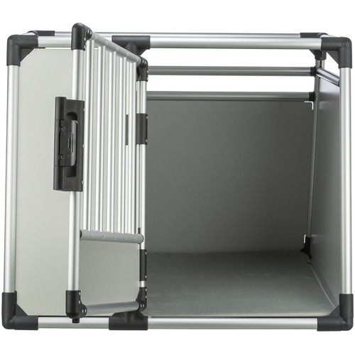 Aluminium autobench met geopende deur, zicht op de veiligheidssluiting en de binnenkant
