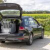 TRIXIE autobench in de kofferbak van een auto, geparkeerd bij een maisveld